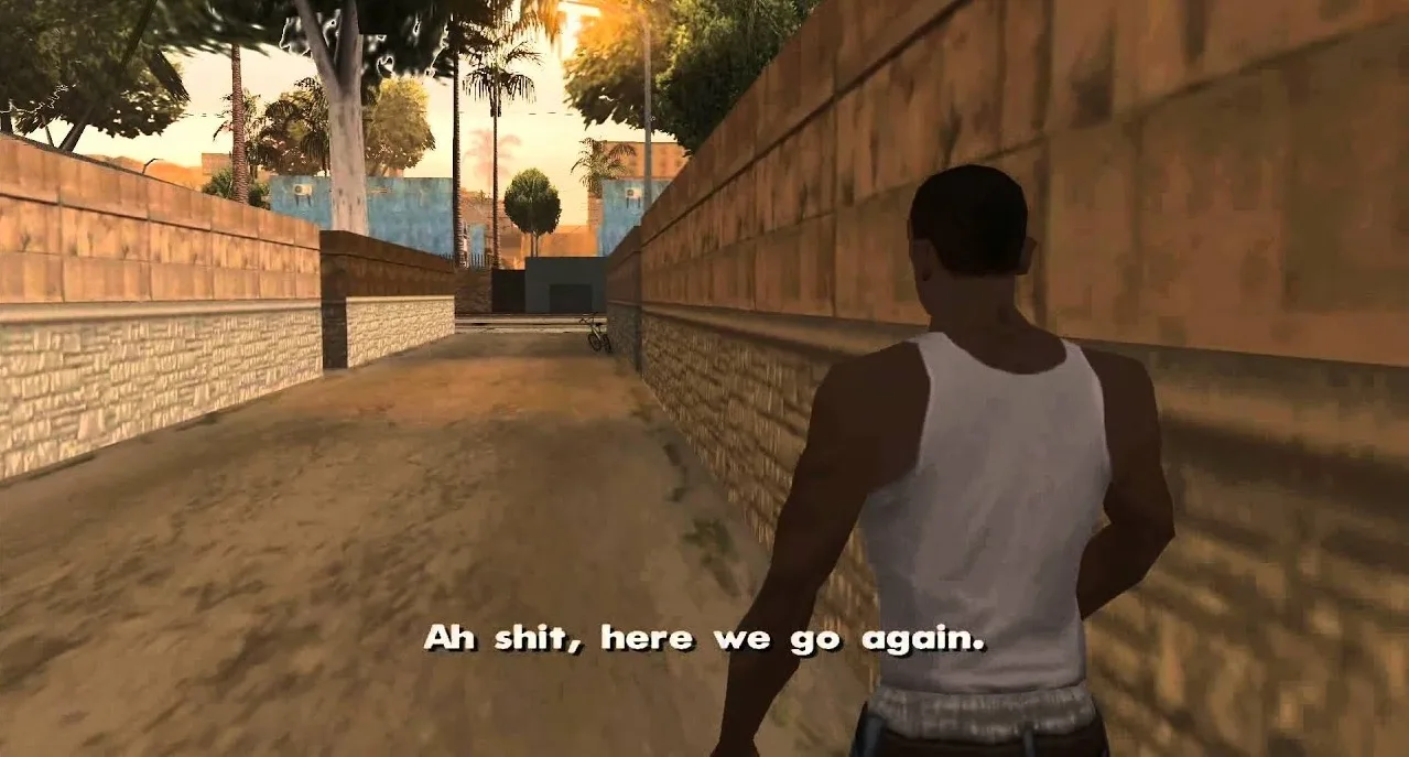Carl Johnson from GTA San Andreas walking down an alley, captioned "Ah shit, here we go again."