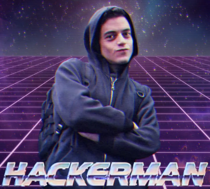 Rami Malek as Elliot Alderson in Mr. Robot posing atop a vaporwave backdrop with 80s-style text that says “Hackerman” on it.